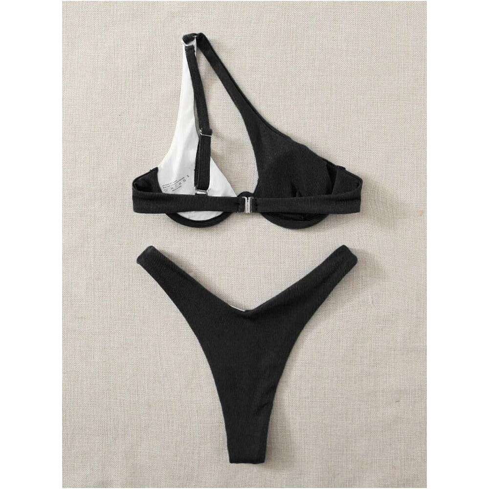 2024 Luxury Two-Pieces Solid Patchwork Underwire Push Up One Shoulder Cut Out Beachwear Swimwear Biqunis Brazilian Thong Bikinis Z260206