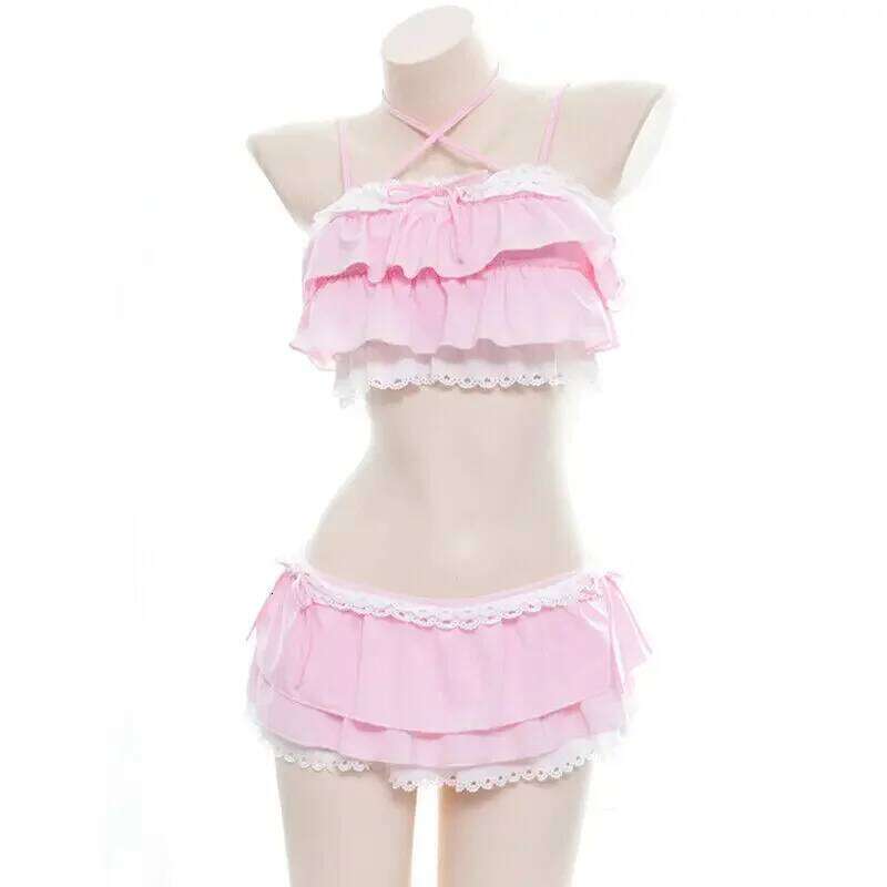 Cute Girls Lolita Ruffle Bikini Sukumizu Cosplay Pink And Black Color Swimsuit Hollowed Multilayer Hem Biquini Women Swimwear Z260206