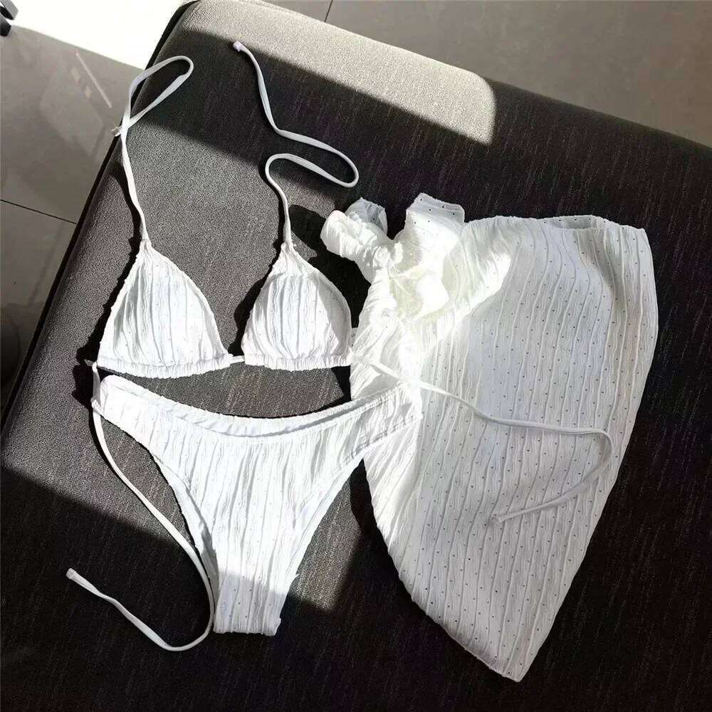 White Swimwear with Cover Up Halter Micro Thong 3 Piece Bikini Set Women Textured Swimsuit String Bathing Suit Bikinis Beachwear Z260206
