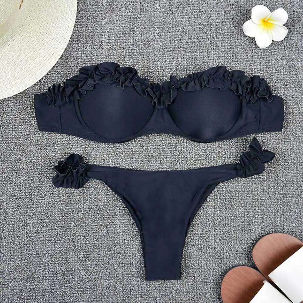 Ruffle Trim Bandeau Bikini Set Push Up Bra Mid-rise Briefs Women's Summer Swimsuit with Split for Female Z260206