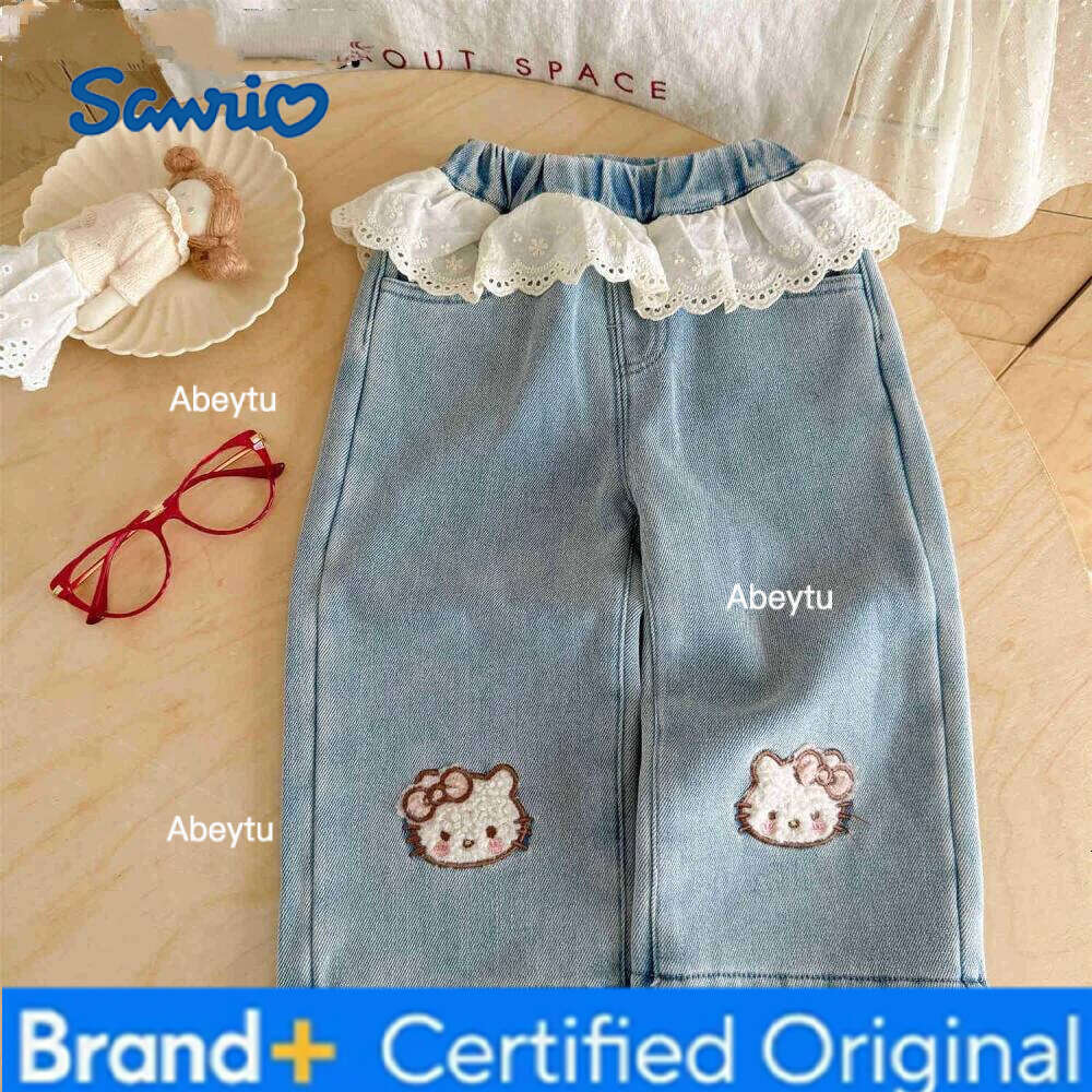Sanrio Children's Clothing Hot Hello Kitty Girls' Winter Lace Patchwork Jeans with Thick Fleece Wide Leg Pants Trendy Cute Embroidery H26020
