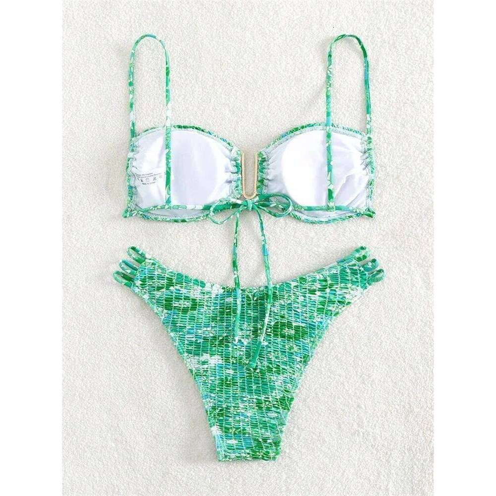 Sexy Pleate Bikini Women U Neck Push Orange Floral Print Micro Swimsuit 2025 Summer Bathing Suit Lace Up Thong Swimwear XJ260206