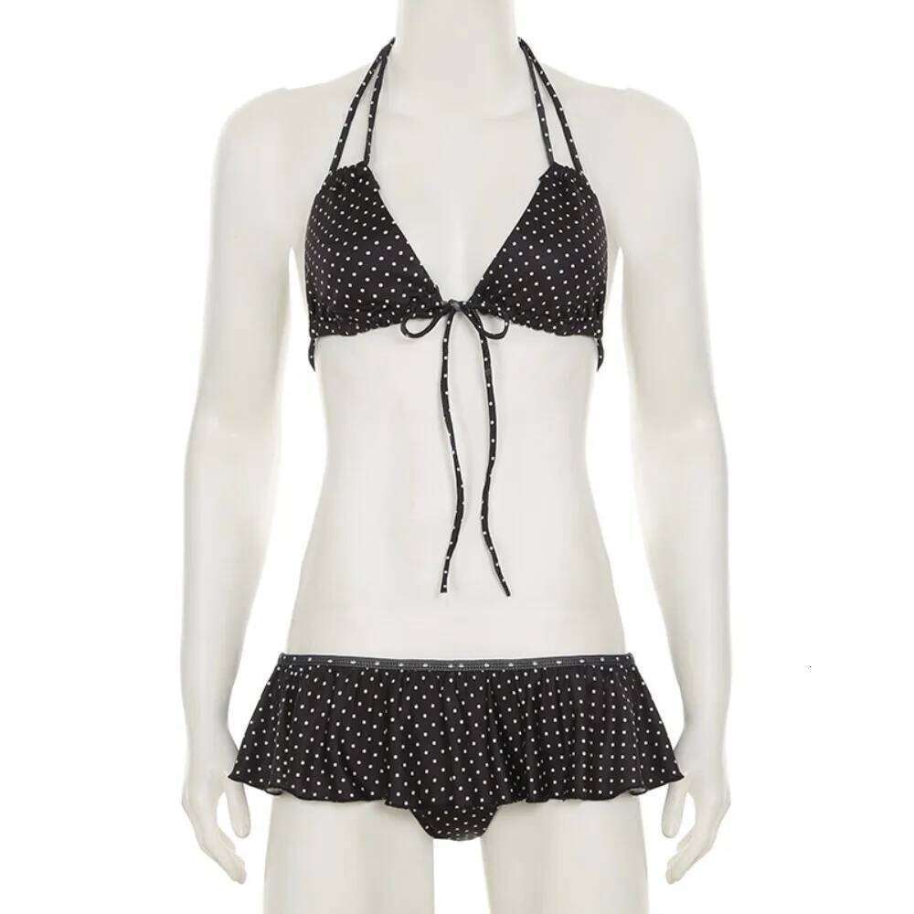 Sexy Ruffled Bikini Suit Slim Fit Deep-V Swimwear Set Halter Neck Lace Up Polka Dot Swimsuit Swimming Pool Z260206