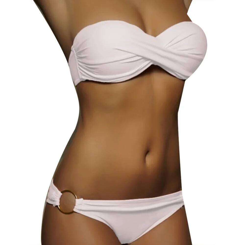 Summer Sexy Two-piece Swimsuit Swimwear Women Cross Pleated Bra Metal Ring Briefs Female Bikini Off Shoulder Bathing Suit Z260206