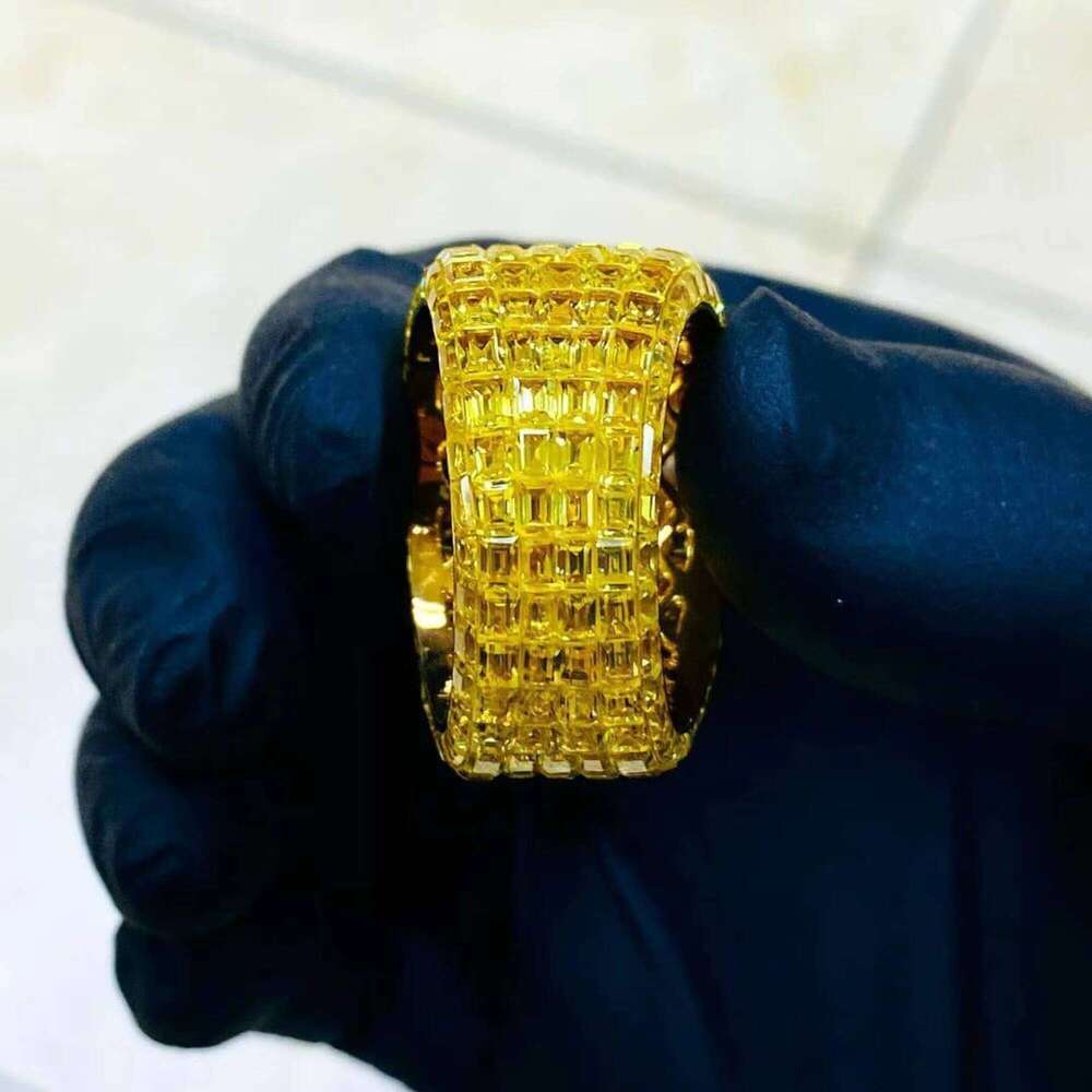 Custom Jewelz Men's Sterling Silver Gold Plated 12G Iced Out Emerald Cut Moissanite Hip Hop Ring With Prong Setting