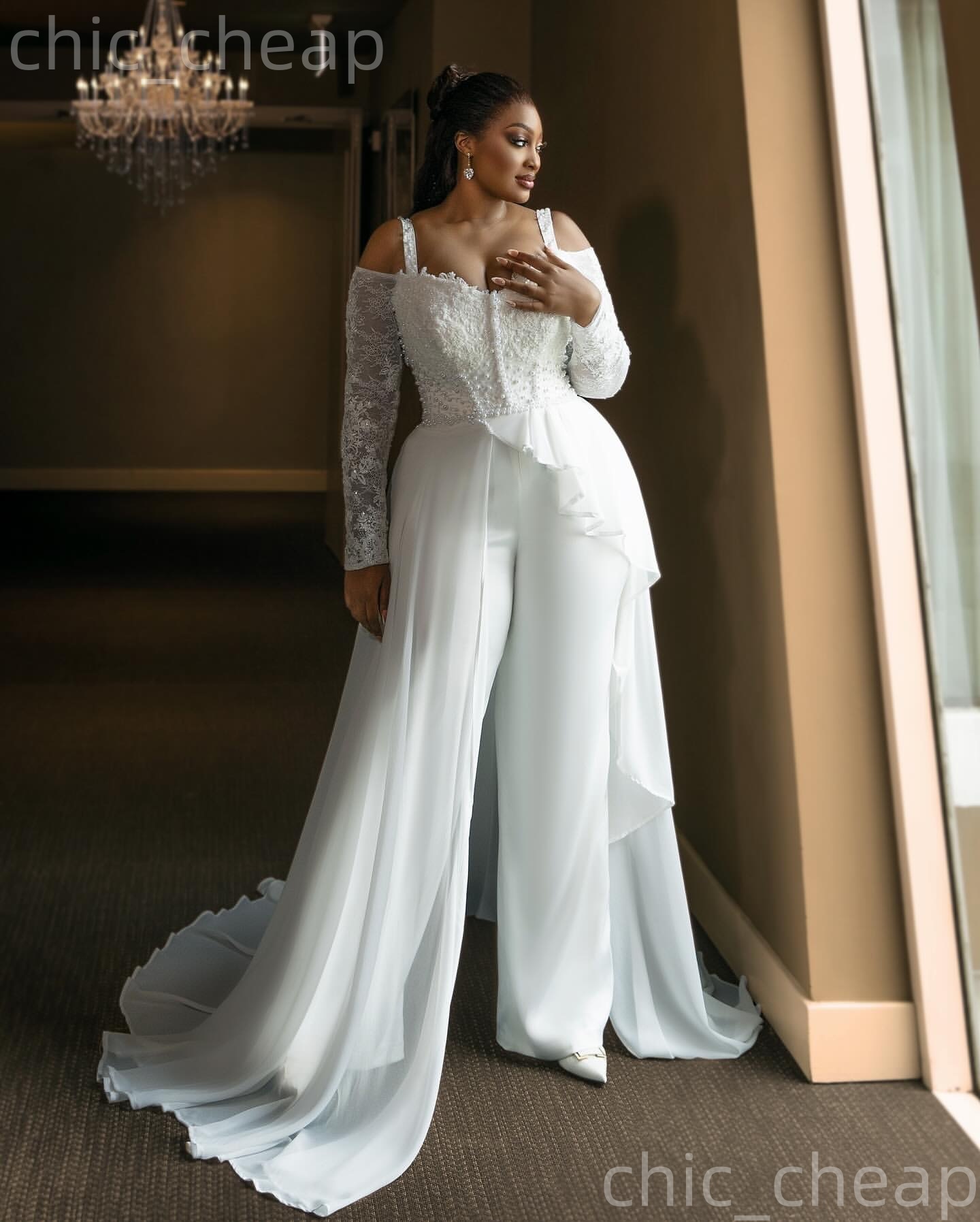 African Aso Ebi 2026 White A-line Jumpsuits Wedding Dress Spaghetti Lace Full Sleeves Chiffon Vintage Bridal Gowns Dresses ZJ233w
