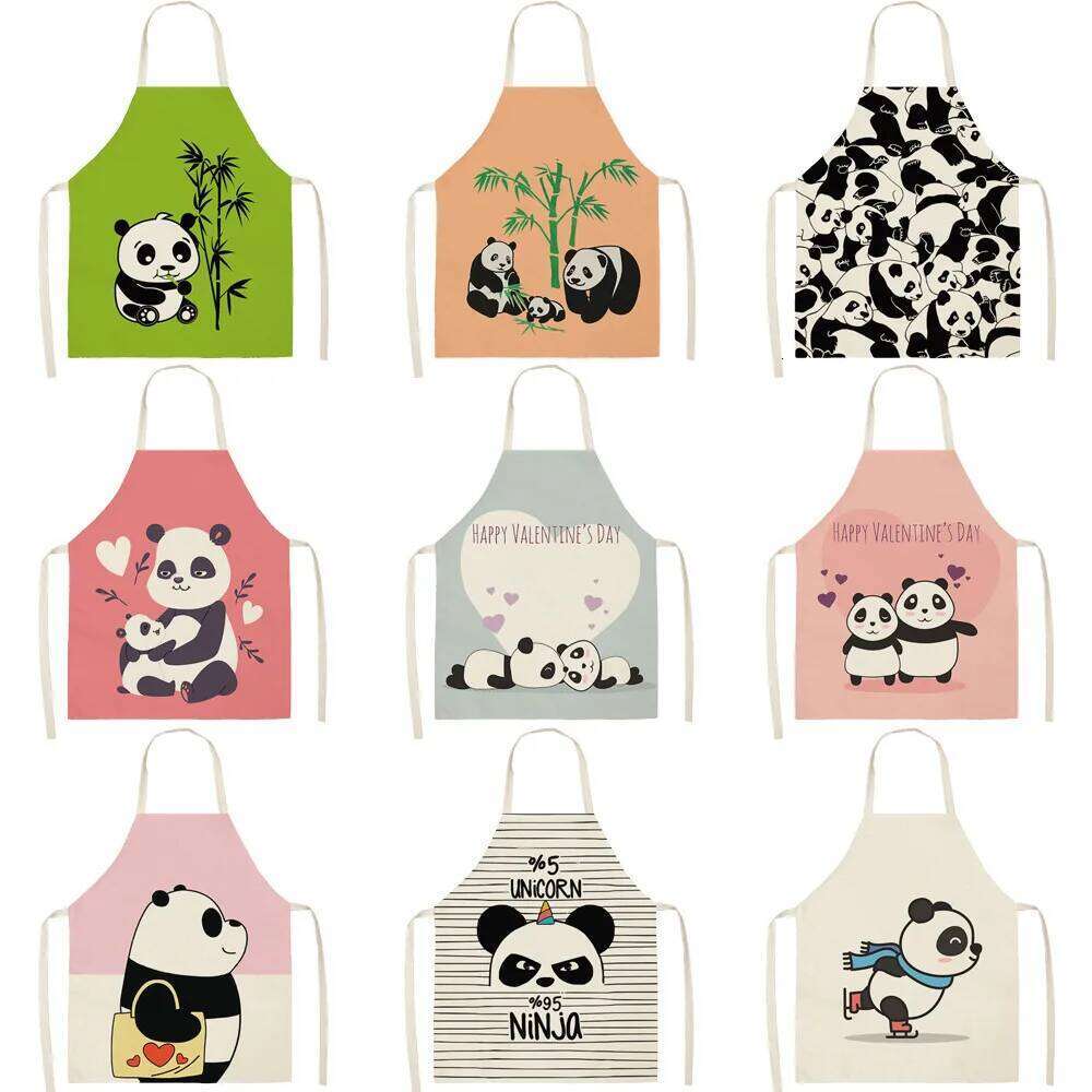 Cartoon Panda Multi-functional Linen Apron Dress Garden Children's Aprons for Woman Man Kids Pink Kitchen Baking Accessories S260205