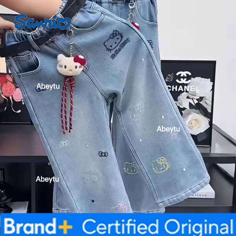 Sanrio Hello Kitty Jeans Girl Kids Kawaii Casual Fashion Cute Warm Autumn and Winter Student Loose Pants Children's Clothing H260206