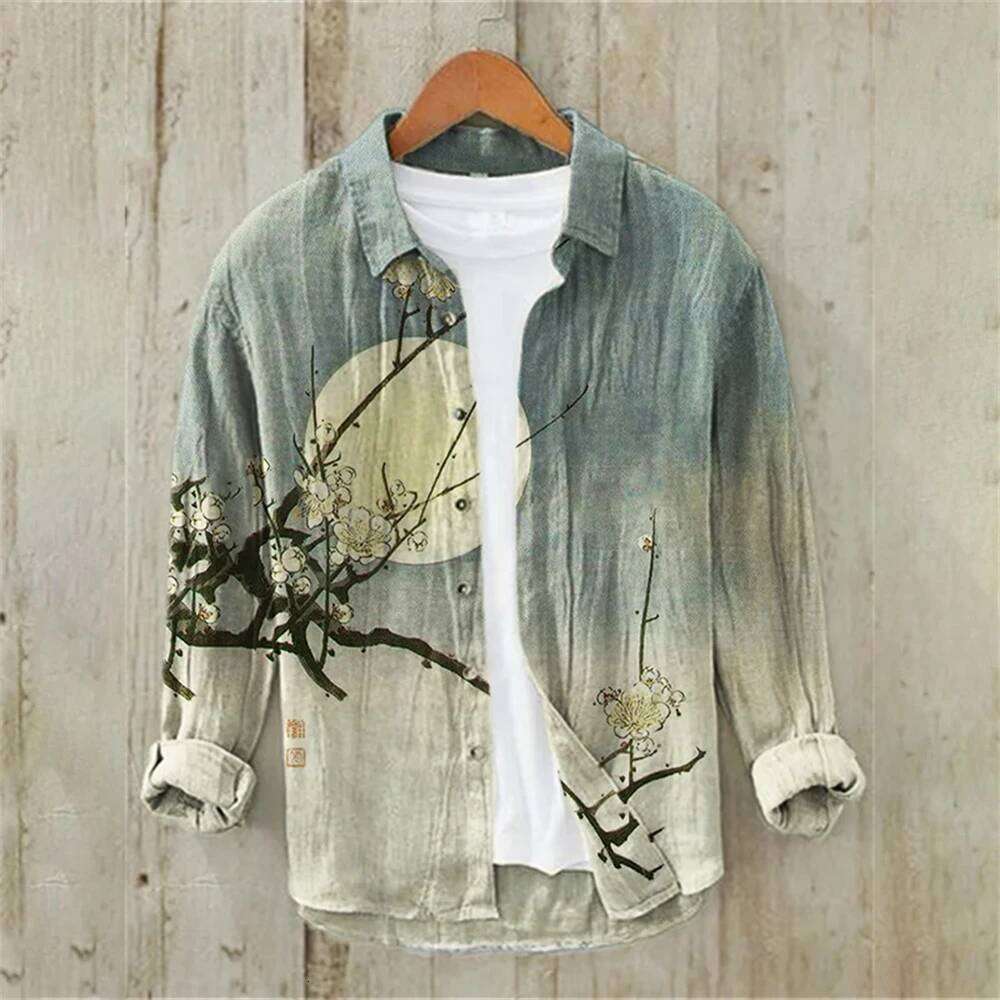 Long Sleeve Linen Shirt Japanese Vintage Plum Blossom Illustration Casual Loose High Quality Men's Clothing