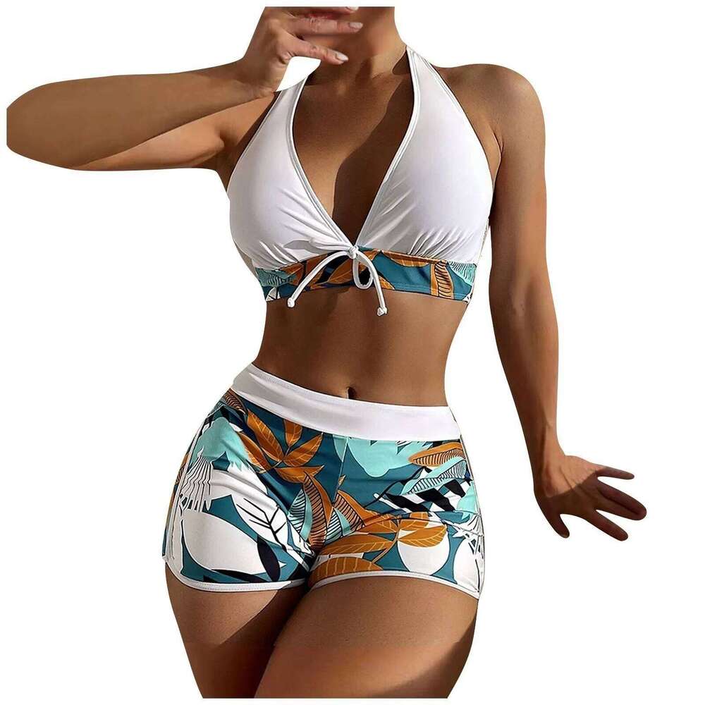 Women's Paneled Printed Ladies Fashion Sexy Split Boxer High Waist Swimsuit Two-Piece Set V-Neck Bathing Suits Female XJ260206