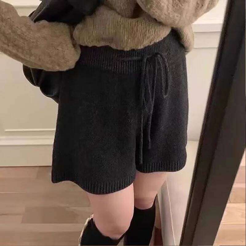 Women Clothing Autumn Winter Casual Streetwear Y2K Basic Wide Leg Knit Shorts Female Elastic High Waist Solid Loose Short Pants XJ260206