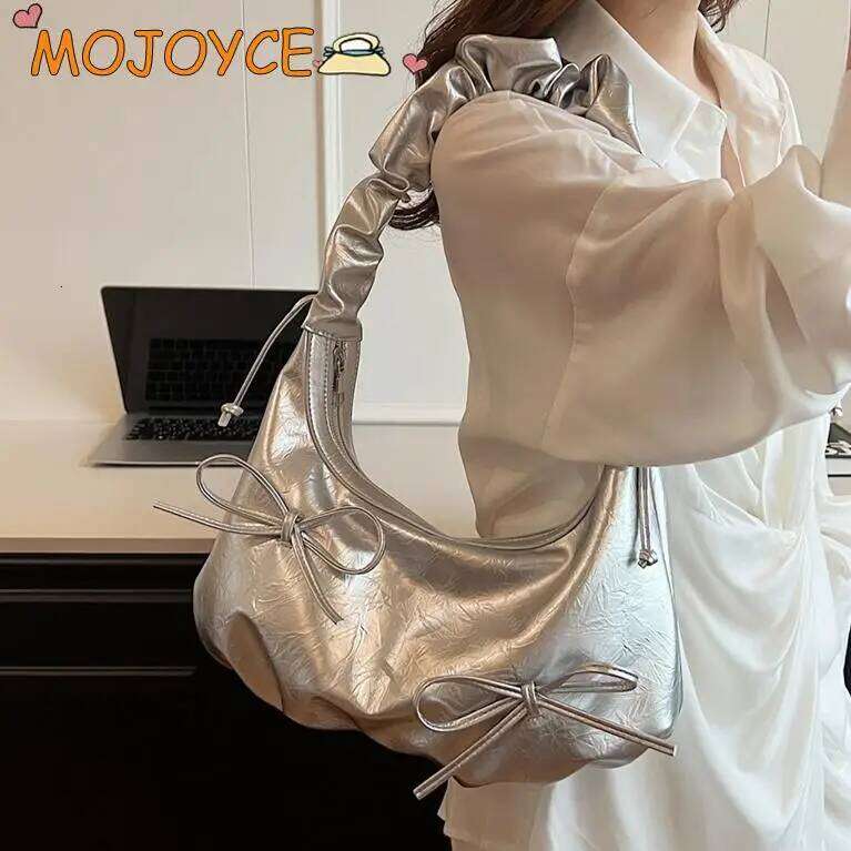 Bow Design PU Leather Shoulder for Women Pleated Cloud Bubble Small Handbag 2025 New Zipper Crescent Chic Hobo Bag Y260205