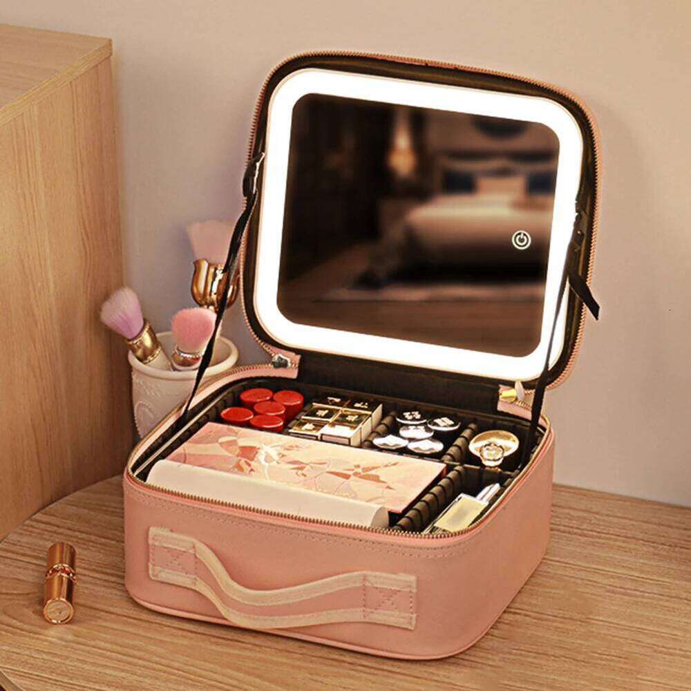 Smart LED Cosmetic Case with Mirror Women Makeup Bag Portable Large Capacity Fashion PU Leather Casual for Weekend Vacation Y260206