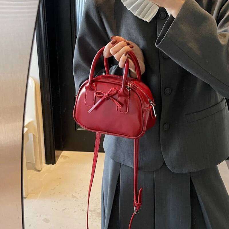 Korean Style Spring Summer Bow Accent Zipper Shoulder Bag 2025 New Fashion Versatile Crossbody Mini Red Top-Handle Bags Y260205