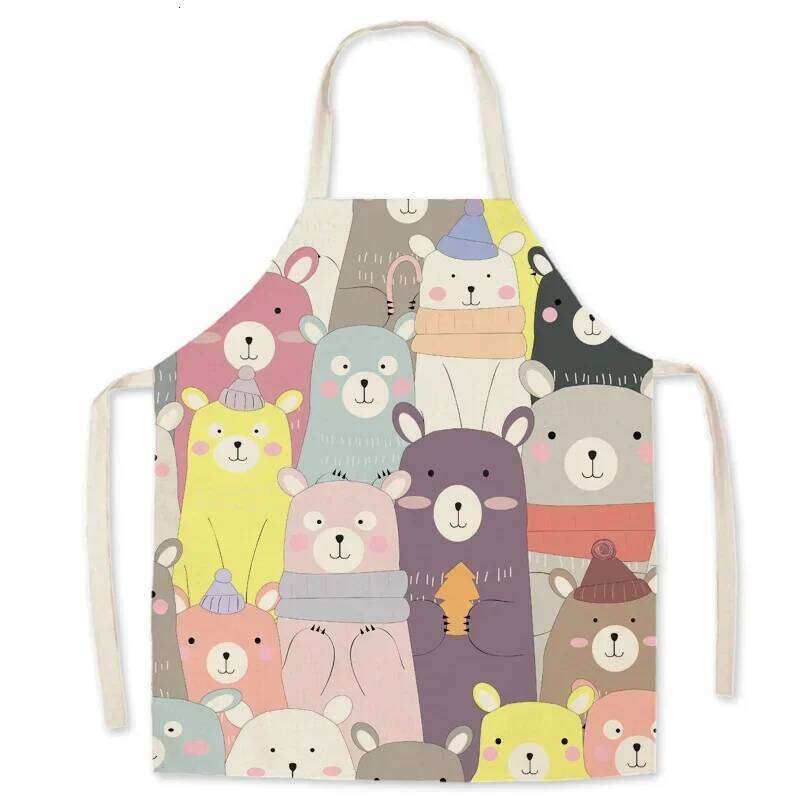 Parent-child Cartoon Kitchen Apron Cute Dinosaur Bear Cat Printed Home Sleeveless Unisex Cotton Linen Aprons Baking Accessories S260205