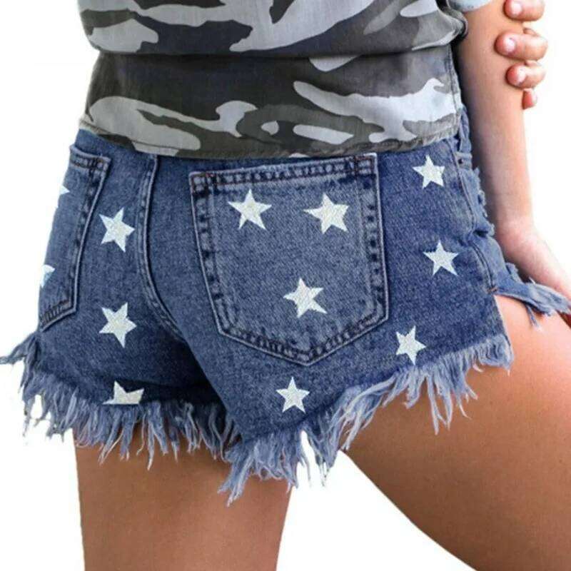Y2k Womens Clothing Denim Women's Comfort High-Waist Skinny Vintage Fringed Star-Printed Shorts H260206