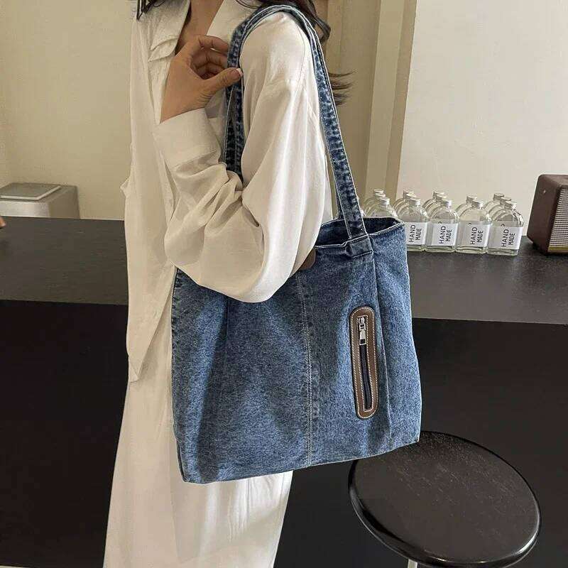 Cowboy Solid Color 2024 High Quality Handbag Zipper Simple Casual Tote Soft Large Capacity Western Style Shoulder Bag Y260205