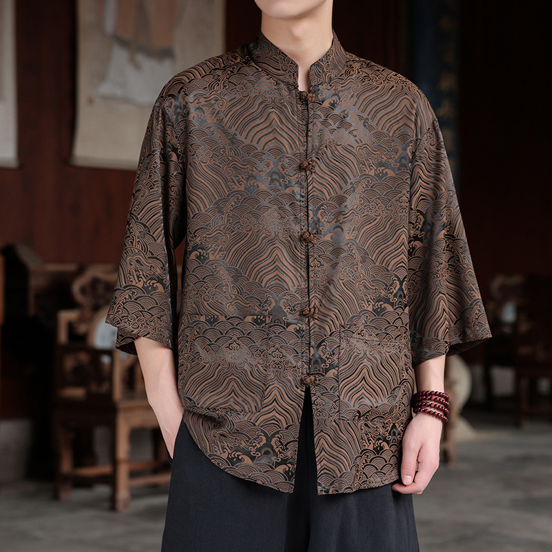 2026 New Chinese style Men's Shirt Printed Design Seven point Short Sleeve Summer Chinese Style Jacquard Buckle Casual Shirt