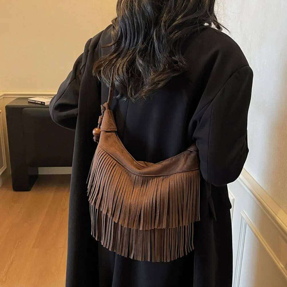New Tote Bag for Women's, Retro Classic Suede Shoulder Bag, Vintage Fashionable Casual Solid Color Tassel Handbag XJ260129