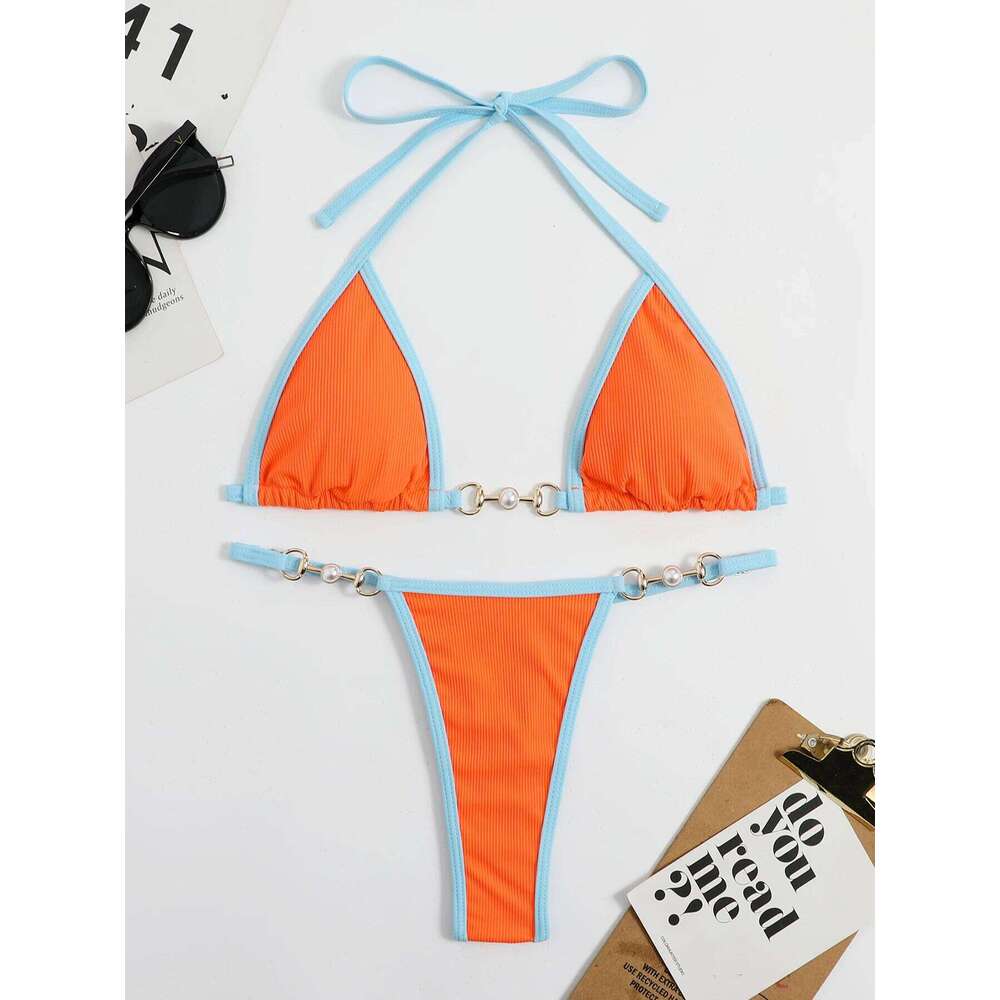 2023 New Sexy Ribbed Set Pearl Swimwear Women Swimsuit Female Halter Strappy Bikini Patchwork Bathing Suit Beachwear Swim Z260206