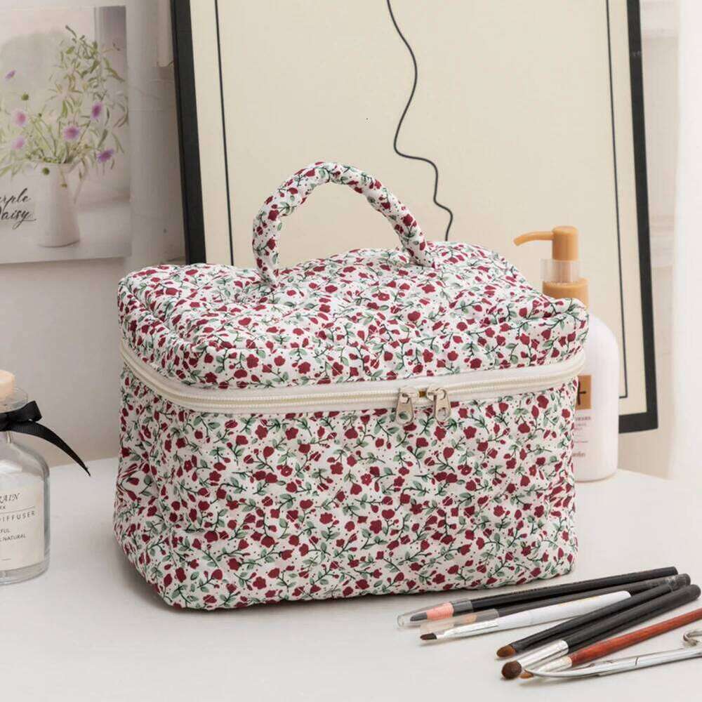 3Pcs Floral Travel Makeup Pouch Cotton Quilted Cosmetic Organizer Case Large Capacity Skincare Bag with Zipper for Women Girls Y260206