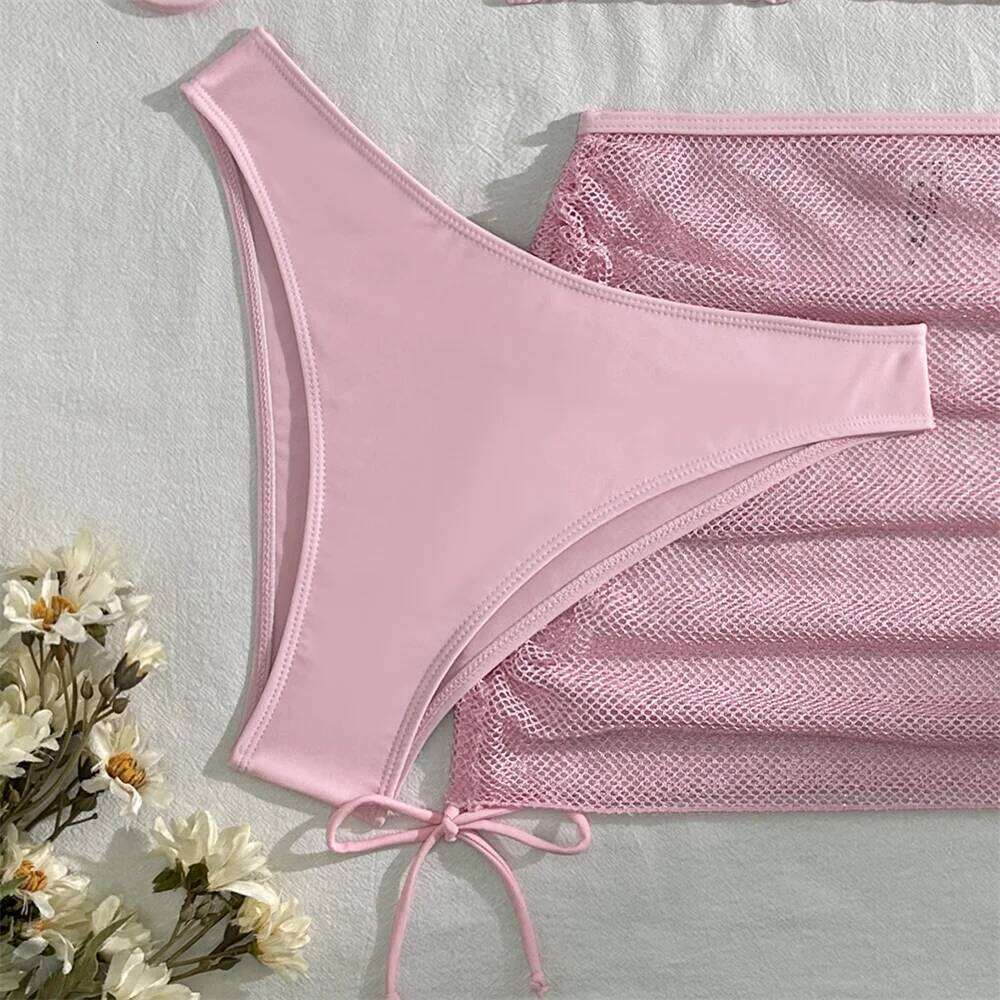 Sexy Pink Bikini Extrem String Backless Swimwear Mesh Skirt Women Push Up Swimsuit Black Y2K Thong Bikinis Beach Vacation Outfit Z260206