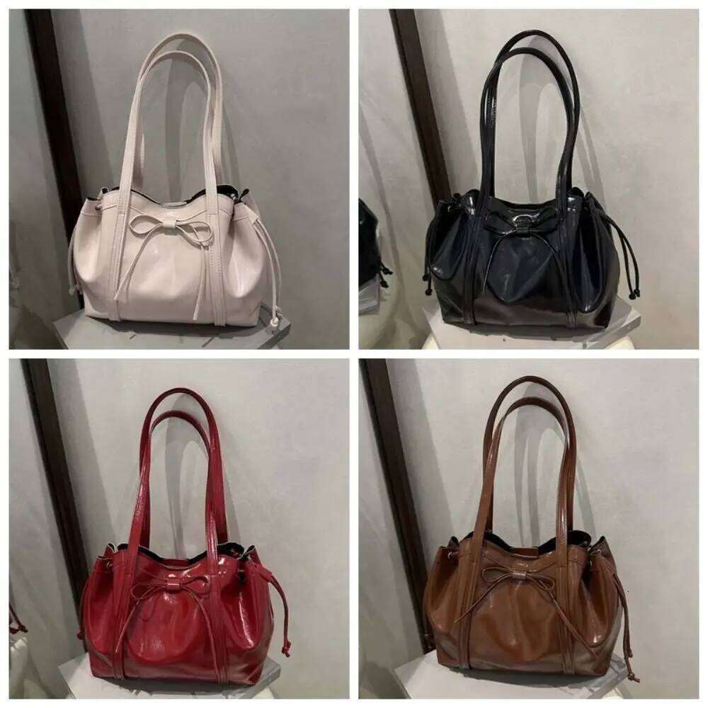 Solid Color Texture Tote Magnetic Button Ribbon Bow PU Shoulder Bag Korean Style Large Capacity Lady Underarm Pouch School Y260205