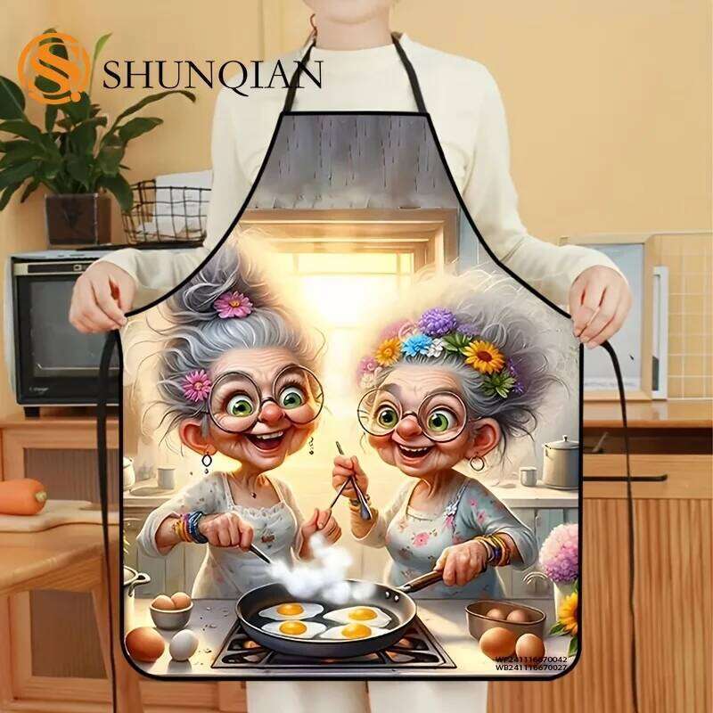 1pc Whimsical Granny Pattern - Fun Polyester Sleeveless Cooking & Cleaning Bib Apron with Charming Kitchen Scene S260205
