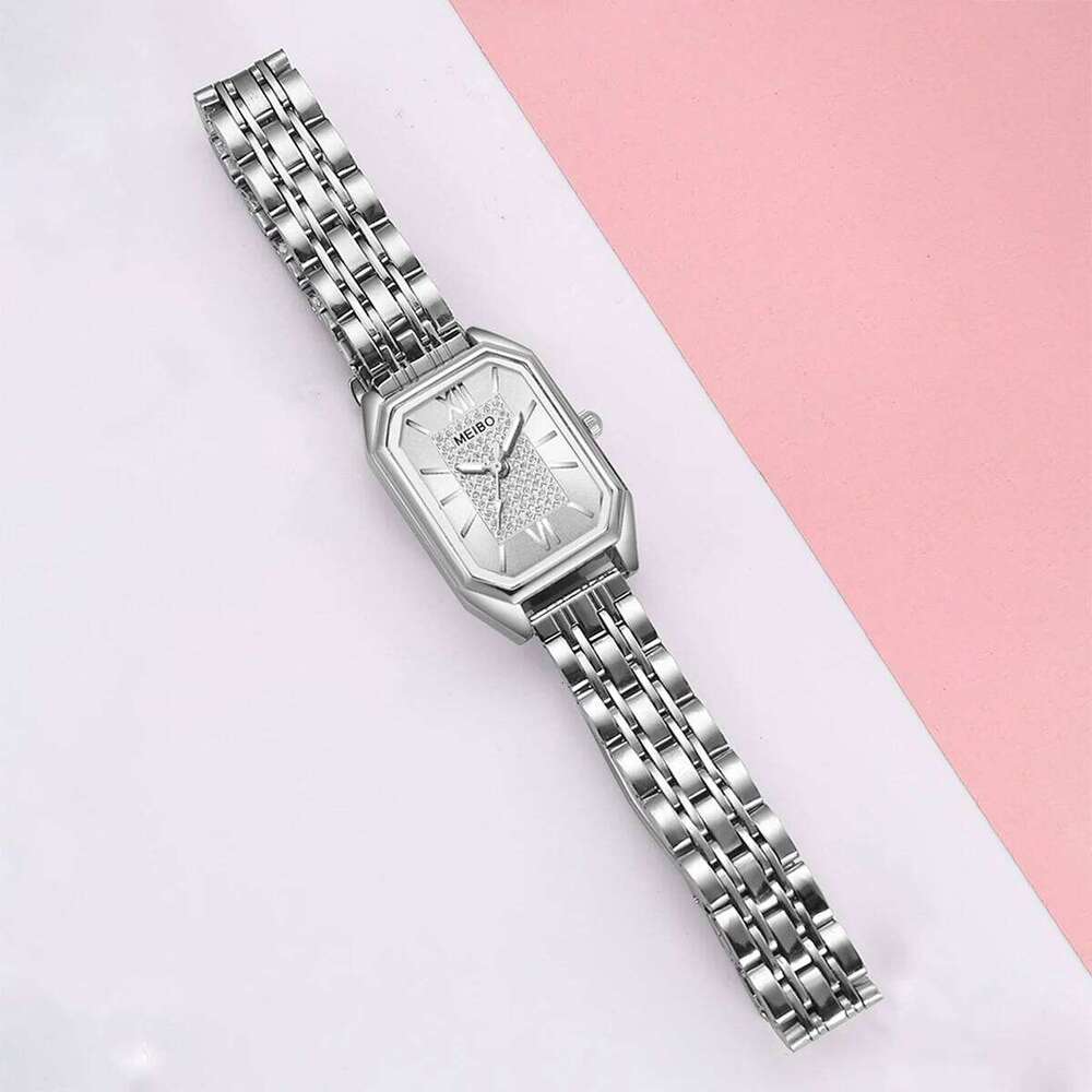 6PCS/Set Women's Watch Fashion Rectangle Dial Quartz Watches Silver Steel Band Ladies Wristwatches Bracelets Set Z260206