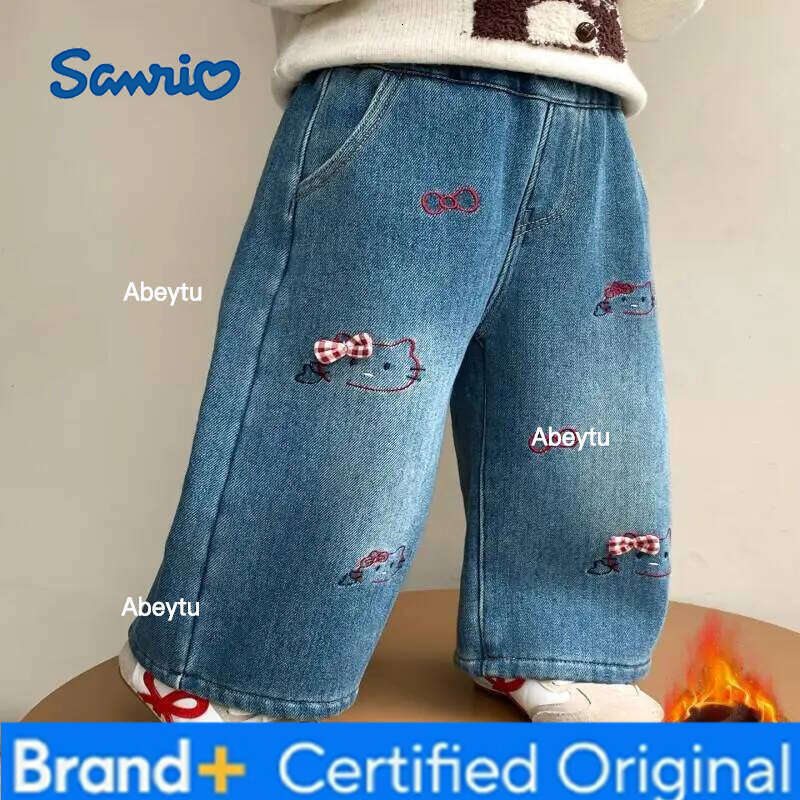 Sanrio Hello Kitty Straight Wide Leg Fleece Lined Jeans for Girls Autumn Winter New Fashionable Kawaii Trousers Kids Clothes H260206