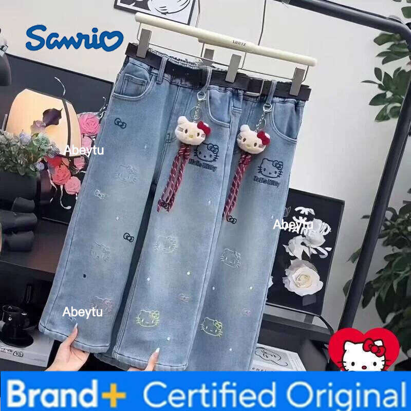Sanrio Hello Kitty Jeans Girl Kids Kawaii Casual Fashion Cute Warm Autumn and Winter Student Loose Pants Children's Clothing H260206