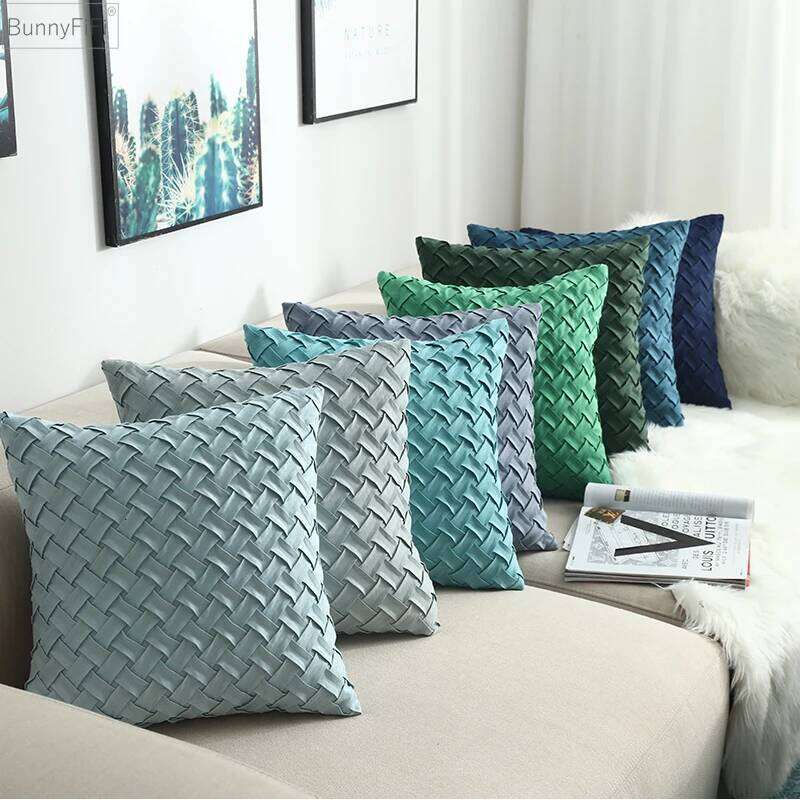 Suede Blue Cushion Faux Soft Home Decorative Navy Pillow Cover Woven Pattern Green 45x45cm/30x50cm