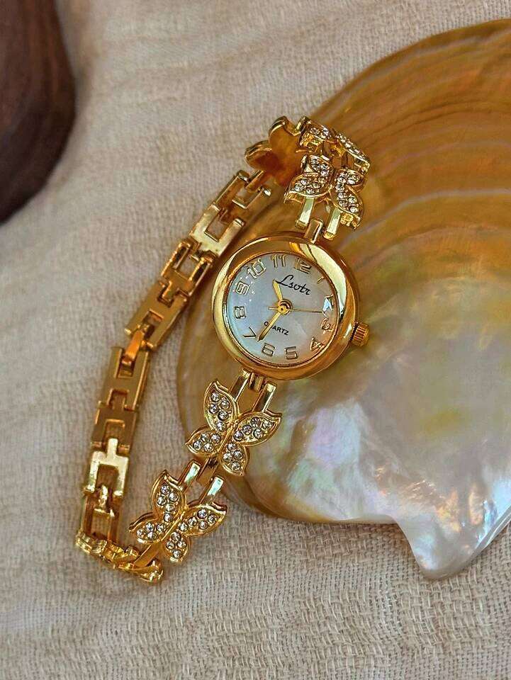 1 Piece of French Gold Inlaid Dazzling Rhinestone Butterfly-Shaped Exquisite, Elegant, Unique, Fashionable, High-End, Vintage Women's Bracelet-St