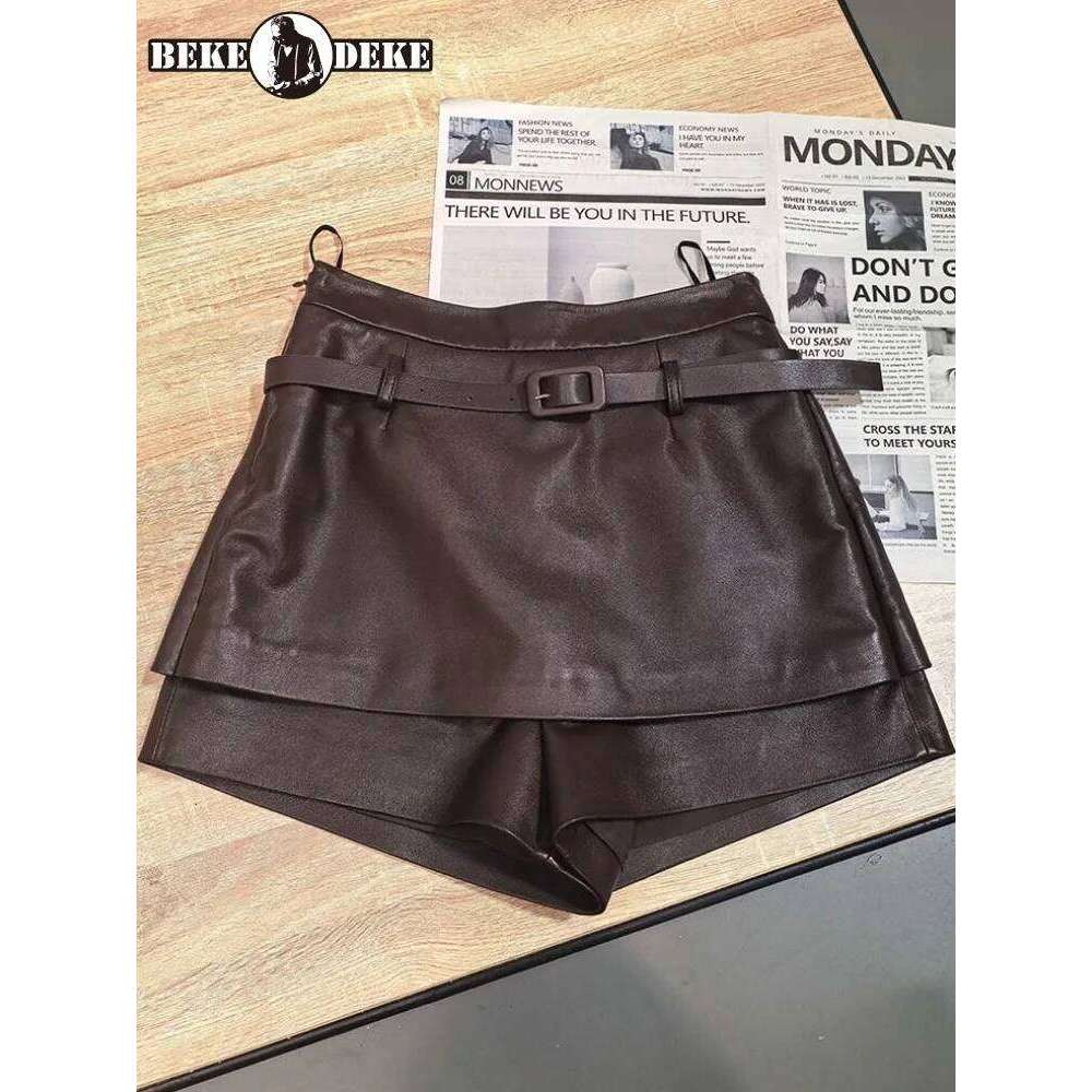 Top Quality Ladies Solid Color High Waist Genuine Leather Shorts Sweet Style Slim Sheepskin Sashes Buckle Short Trousers XJ260206