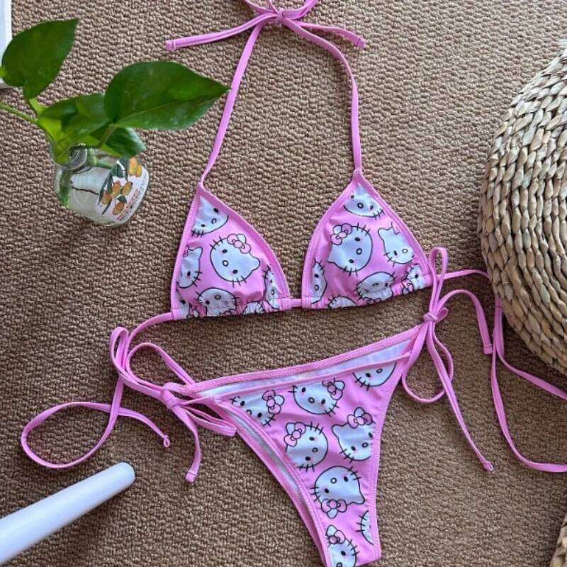2025 Hellokitty Cute Girls Sexy Bikinis Set Print Bikini Swimsuit Women Swimwear Beachwear Lingerie Elasticity Slips On Vacation Z260206