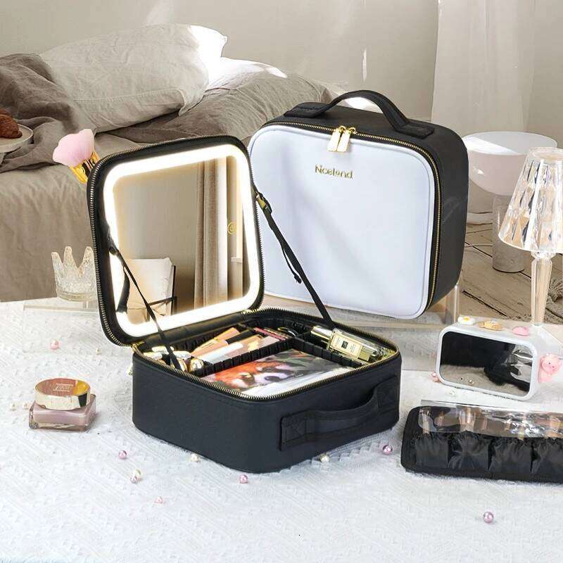 3 Color Train Mirror, White Portable Makeup Waterproof Organizer with Adjustable Dividers, Cosmetics Storage Case Gift Y260206