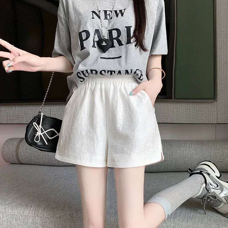 Korean Style Ice Silk Cotton Linen Women's Wide Leg Short Summer Thin Hot Pants Split Design Lightweight Comfortable XJ260206