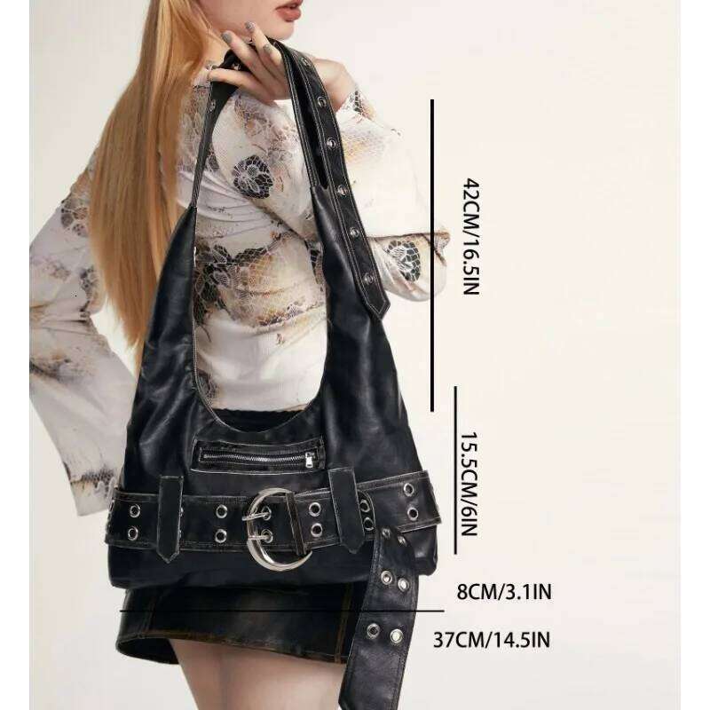 Belt buckle Women Luxury Designer Handbag And Purses PU Rivet Multiple Pockets Y2K Large Capacity Shoulder bags big totes Y260205