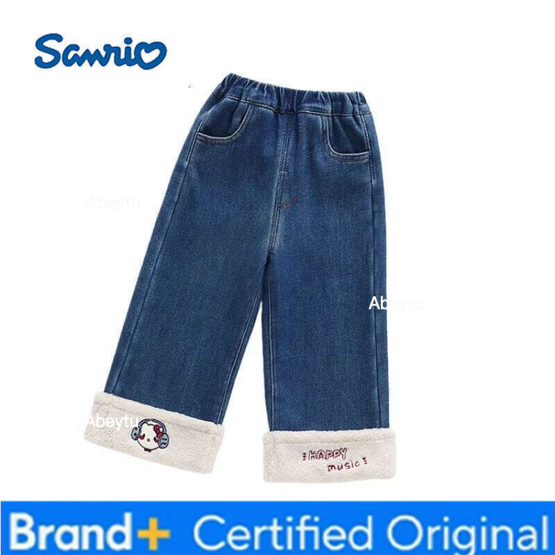 Sanrio Girls Jeans Velvet Autumn Winter New Leisure Trousers Loose Keep Warm Kawaii Cartoon Anime Thicken Straight Pants H260206