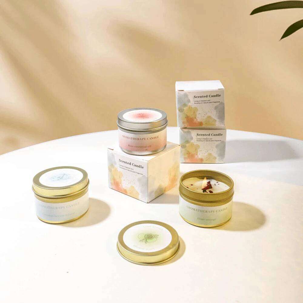 1PC Mini Soy Wax Scented Candles, Watercolor Pastel Style, Round Tin Jar Flower Petal Detail, Aromatherapy Candle for Bedroom S260205