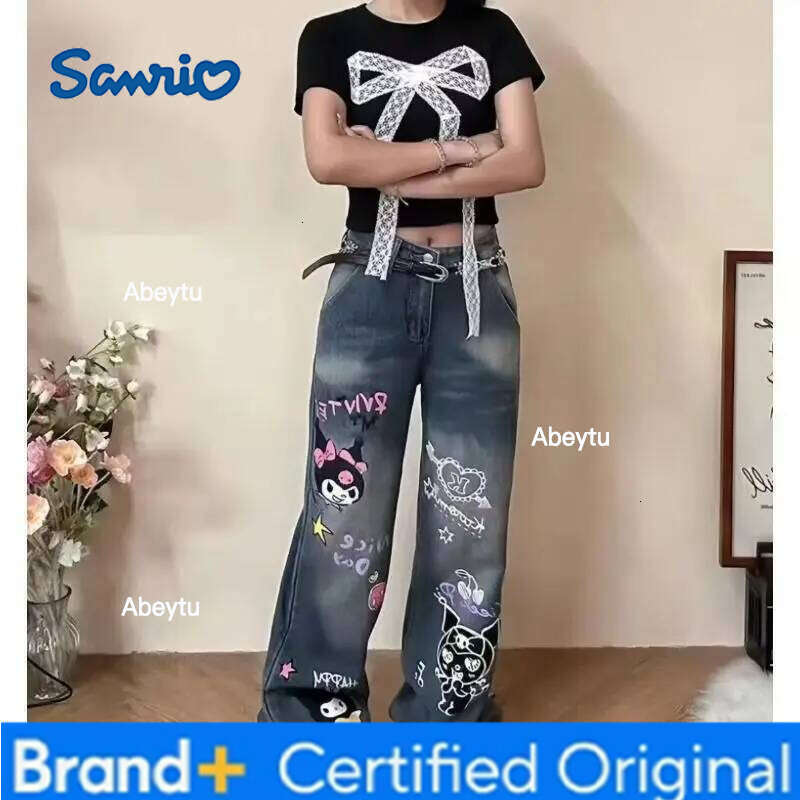 Sanrio s Kawaii Jeans Kuromi Student Trousers Versatile Loose Wide Leg Pants Sweet New Style Simple Trendy Print High End Gifts H260206