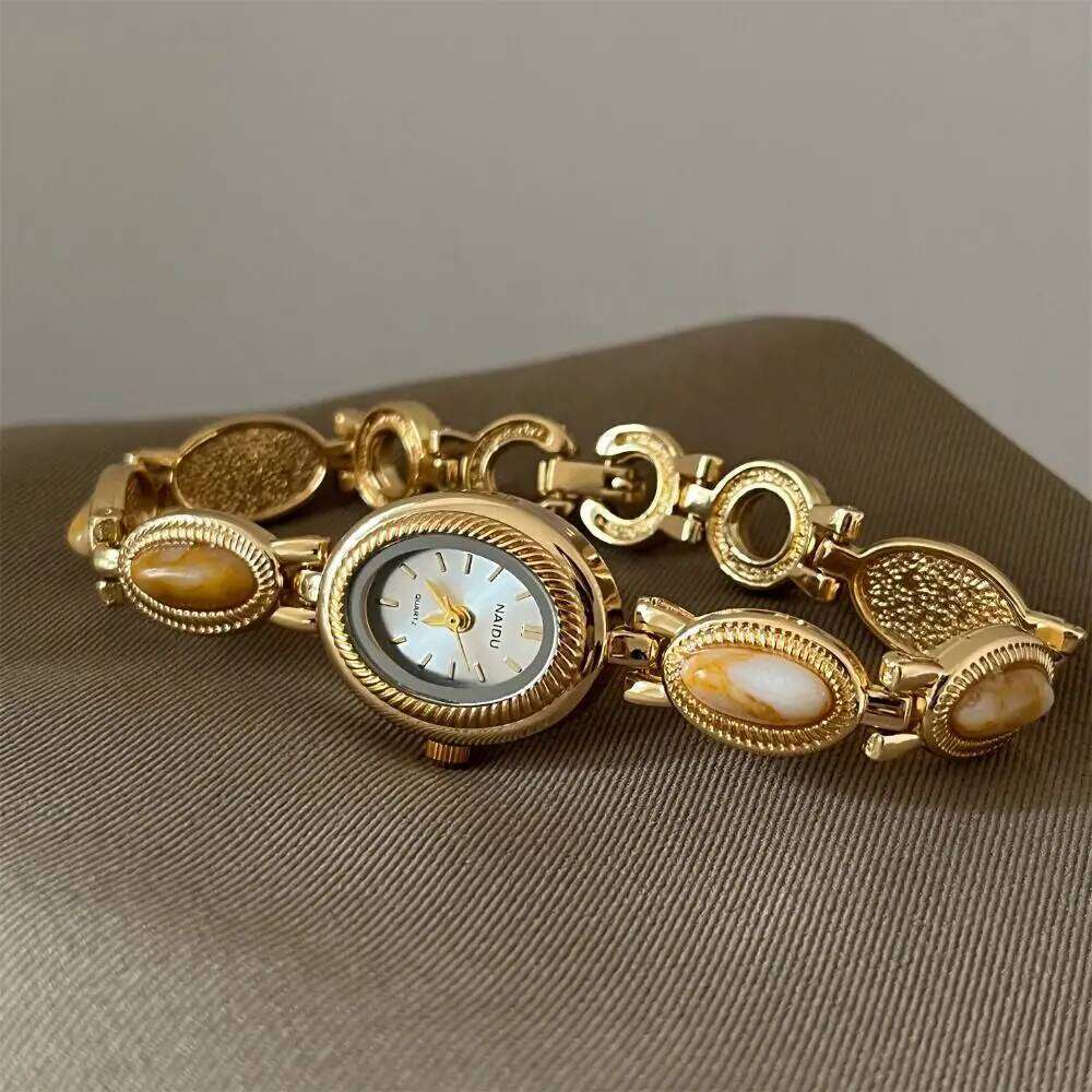 Vintage Colored Gemstones Wristwatch for Women Elegant Quartz Luxury Oval Bracelet Watch Z260206