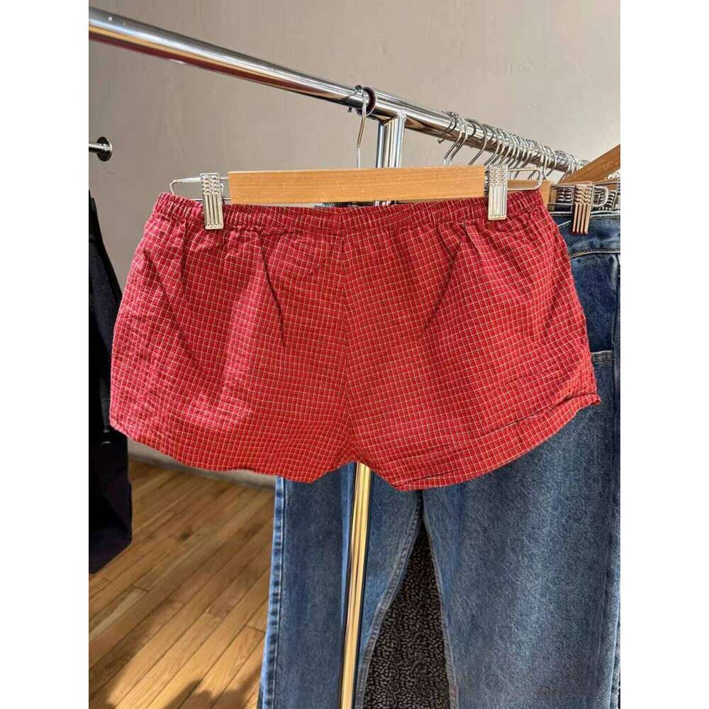 Red Plaid Straigth Shorts Women Summer Elastic Waist Buttons Casual Sweet Short Pant Cotton Y2k Pants Vintage Home Underwear XJ260206