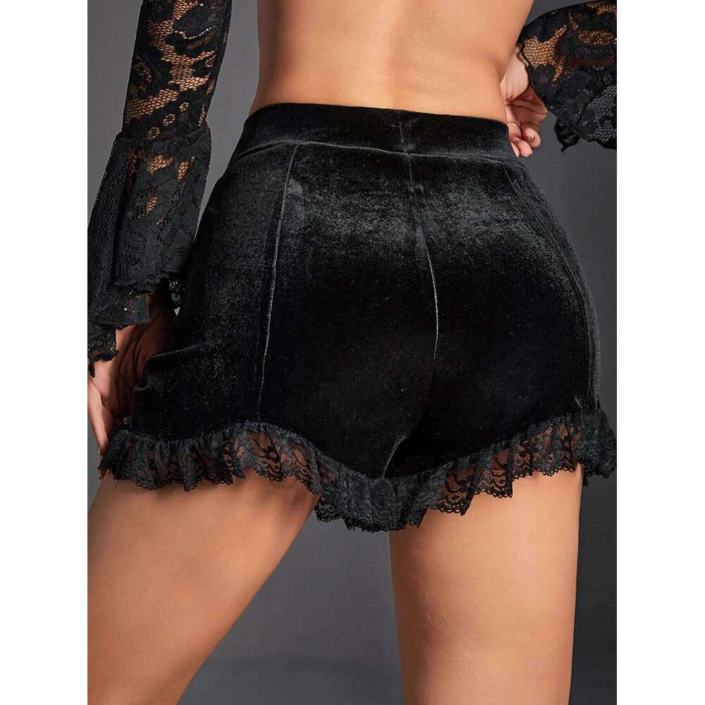 Gothic Velvet High Waist Ruched with Lace Trim Women's Fashion Shorts for Casual Wear Y2K Skinny Bottoms H260206