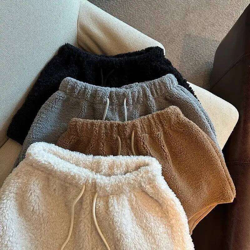 2025 Korean Style High Waist Lamb Velvet Short Women's Autumn Winter A- Line Slimming Wide Leg Warm Plush Boot Pants XJ260206
