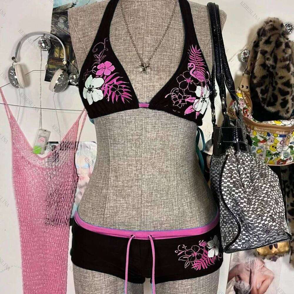 Y2k Vintage Flower print Cutie 2 set Bikini Swimsuit Sexy Women Bathing Fashion Halter Strap Swimwear High Street Beach Female Z260206