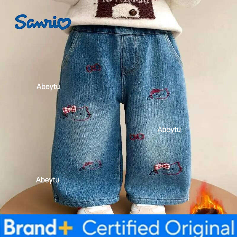Sanrio Hello Kitty Straight Wide Leg Fleece Lined Jeans for Girls Autumn Winter New Fashionable Kawaii Trousers Kids Clothes H260206