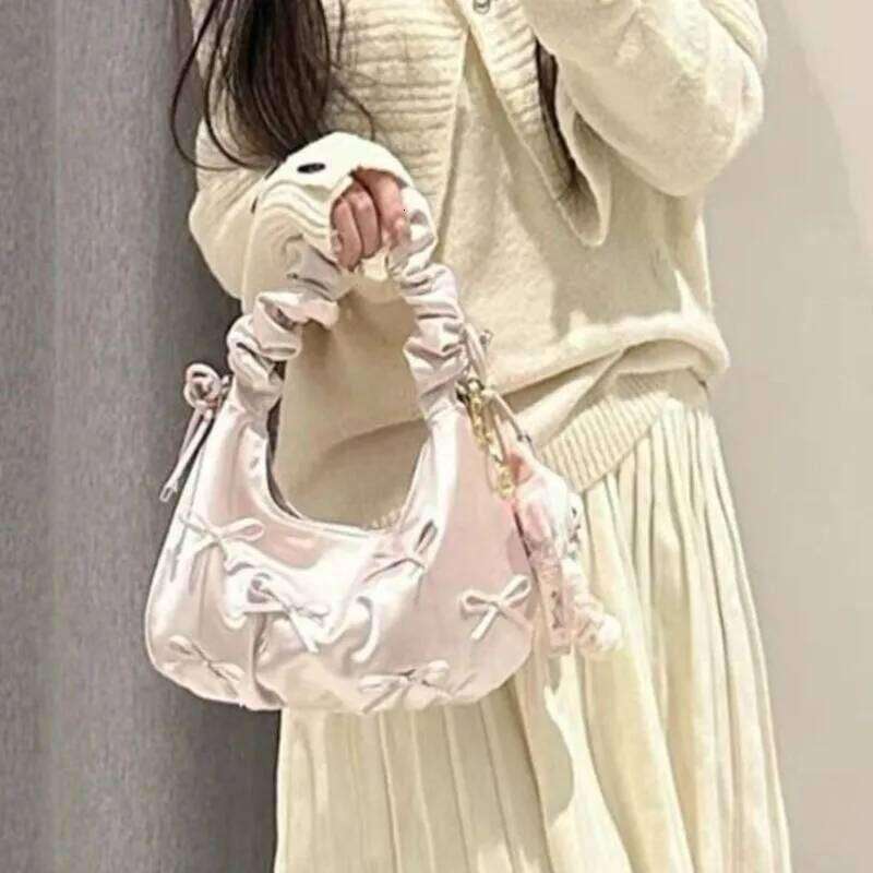 Sweet Cute Bow Handbag Women Pleated Satin Fabric Single Shoulder Ladies Ballet Style Elegant Pink Harajuku Underarm Bag New Y260205