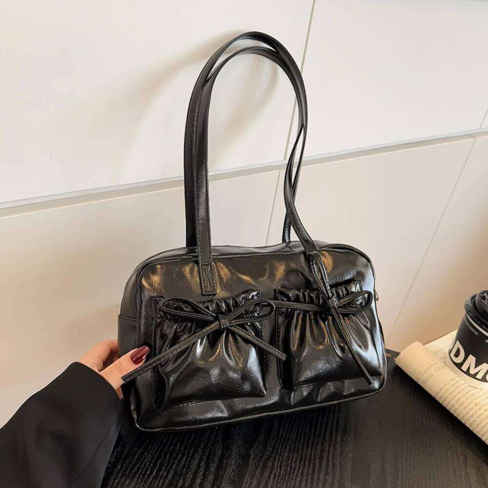 Fashion PU Leather Shoulder Solid Color Bowknot Underarm Bag Large Capacity Portable Handbag for Women Y260205