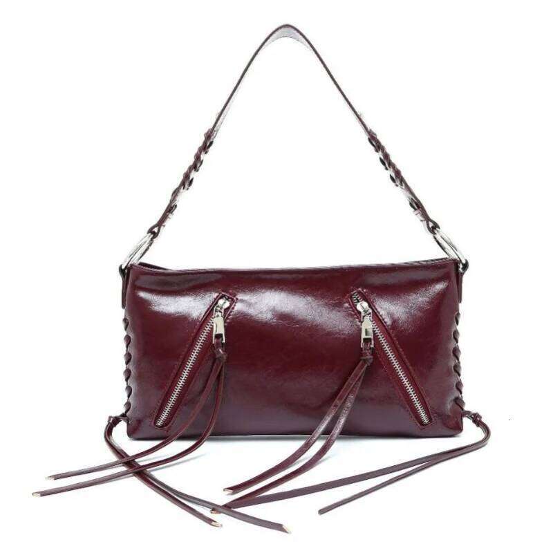 Designer Tassel Rope Strap Metal Studded Shoulder Bag,Vintage Burgundy Women Handbag,Elegant Rivet Commuter Everyday Chic Purse Y260205